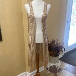 Umgee Tan Crochet Fringe Vest